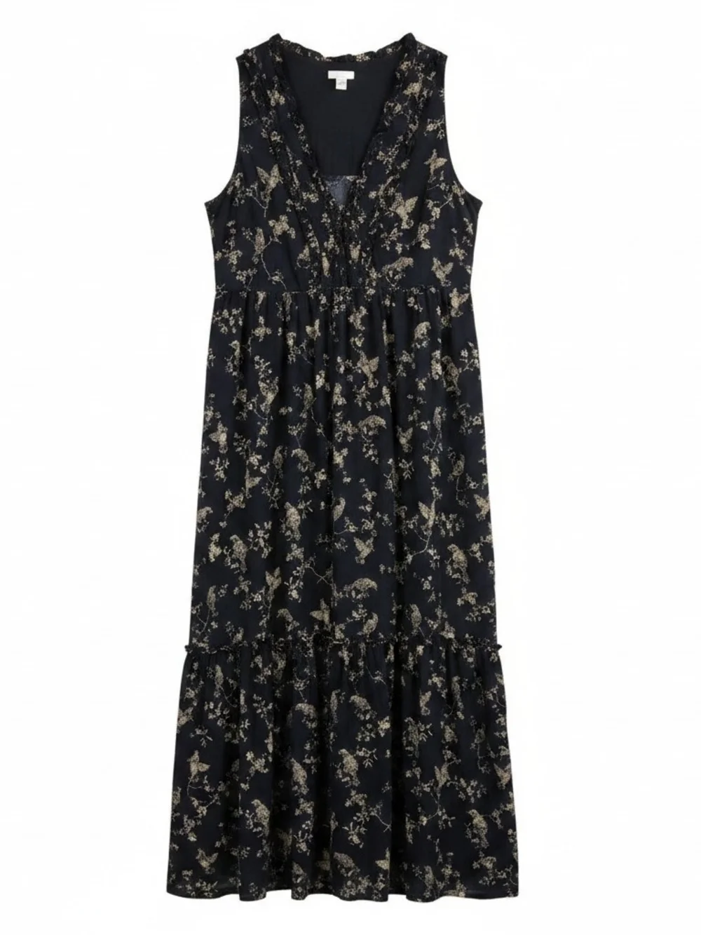 J. Jill Black Maxi Dress with Gold Floral Print XL TALL XLT RUFFLED TIER